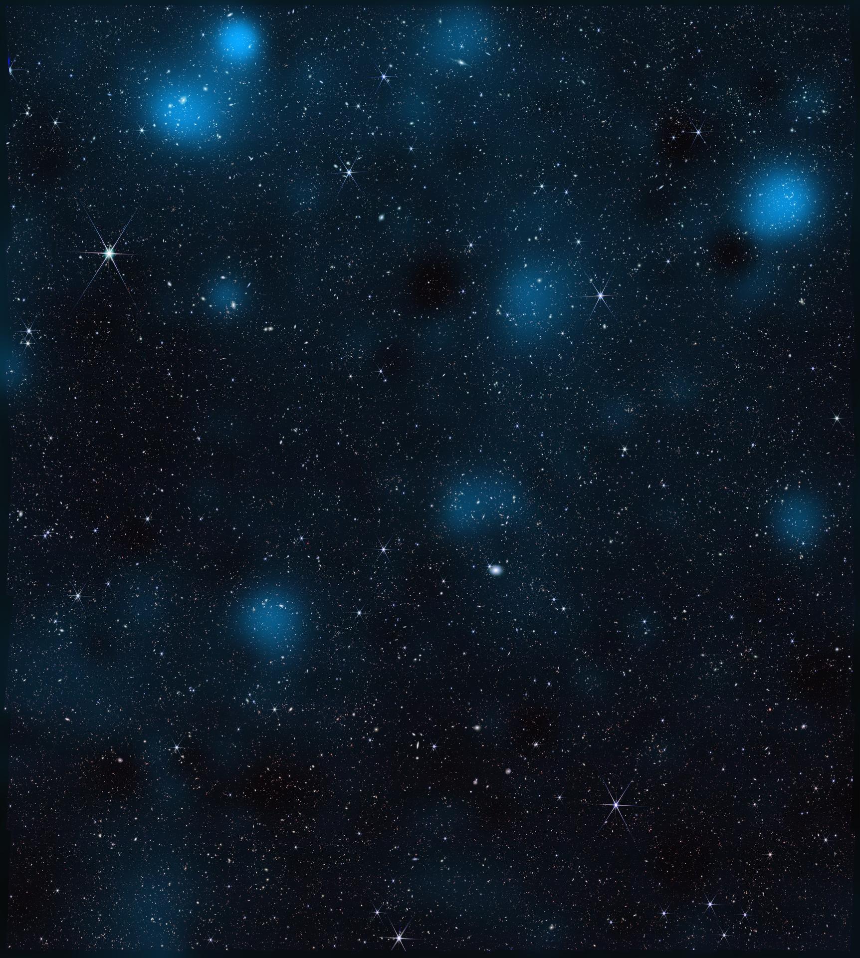 Campo profundo de galaxias con un mapa azul de distribución de materia oscura
