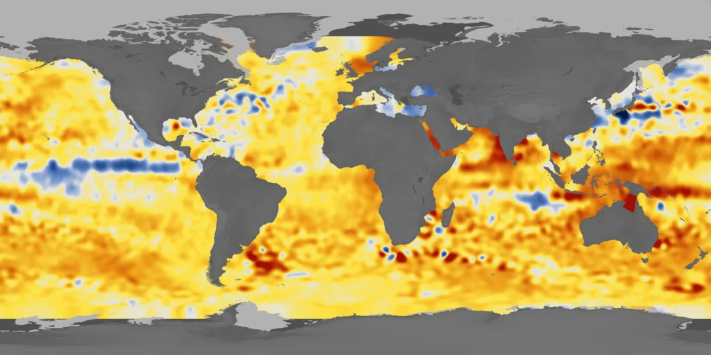 Mapa global de anomalías de altura de la superficie marina